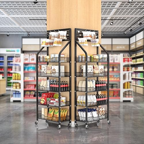 5 Tier Snack Rack Display Stand, Metal Retail Chip Cart with Wheels and 15 Hooks, Candy Potato Display Shelf for Supermarkets Convenience Stores Home Kitchens - Poueer