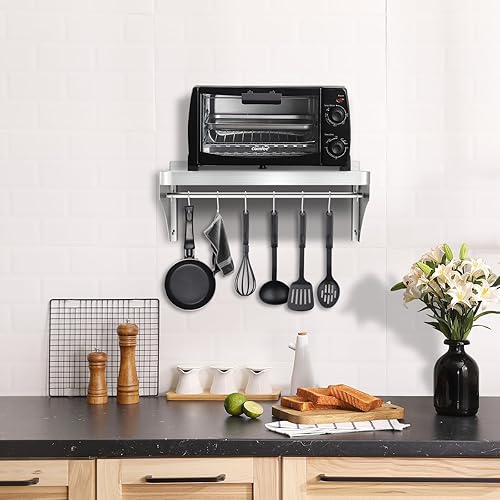 12'x24' Stainless Steel Shelf, Stainless Metal Steel Shelf Wall Mounted with 6 Hooks for Restaurant, Bar, Utility Room and Garage - Poueer