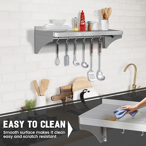 12'x24' Stainless Steel Shelf, Stainless Metal Steel Shelf Wall Mounted with 6 Hooks for Restaurant, Bar, Utility Room and Garage - Poueer