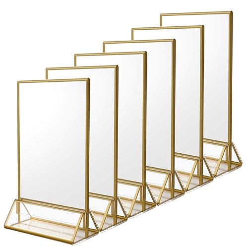 NIUBEE 6Pack 5 x 7 Clear Acrylic Wedding Table Number Holder Stands with Gold Borders, Double Sided Picture Frames Sign for Restaurant Menu Recipe Cards Photo Display - Poueer