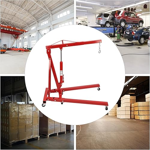 Engine Hoist with Lever, 2 Ton 4409lb Heavy Duty Folding Shop Crane with 6 Casters Cherry Picker Shop Crane Hoist Lift, Engine Lift Lever for Engine Lift Loading(Sent in 2 packages, red) - Poueer