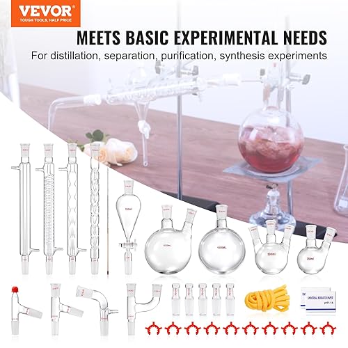 VEVOR Lab Distillation Kit, 3.3 Boro Lab Glassware Distillation Kit with 24, 40 Joint, 1000ml Essential Oil Distillation Apparatus Kit, 32 pcs Set of Glassware Equipment - Poueer