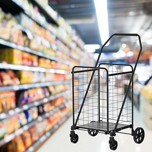 Shopping Cart with Shelf,Grocery Cart on Wheels, Foldable Utility Shopping Carts with Double Basket and 360° Rolling Swivel Wheels for Groceries Laundry - Poueer