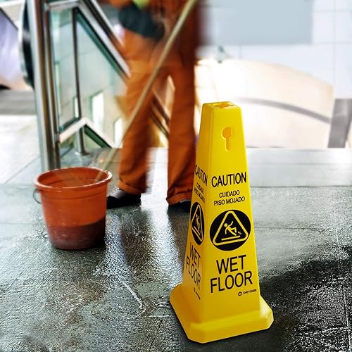 Dryser 3-Pack 26' Caution Wet Floor Cones - Yellow English/Spanish Warnings - Poueer