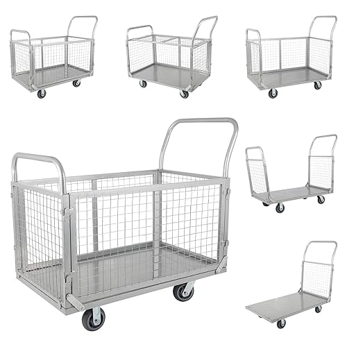 Platform Truck Cart with Cage, 5 in 1 Trolley Cart with Wheels 1800 Lbs Capacity Foldable Push Cart Dolly with 5' Casters for Groceries, Garage - Poueer