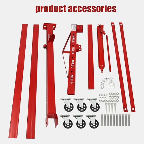 Engine Hoist with Lever, 2 Ton 4409lb Heavy Duty Folding Shop Crane with 6 Casters Cherry Picker Shop Crane Hoist Lift, Engine Lift Lever for Engine Lift Loading(Sent in 2 packages, red) - Poueer