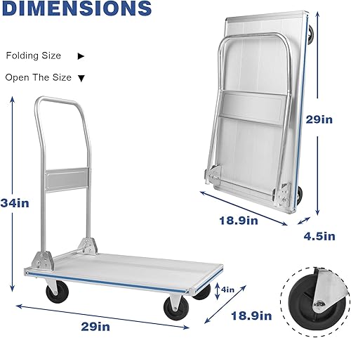 LEADALLWAY Flatbed Cart Aluminum Foldable Platform Cart 440lbs Capacity(29' Lx19 W) - Poueer