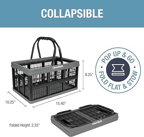 CleverMade Collapsible Shopping Basket, Ocean, 3PK - 24L (6 Gal) Reusable Plastic Grocery Shopping Baskets, Holds 25lbs Per Basket - Small Foldable Storage Crates with Handles - Poueer