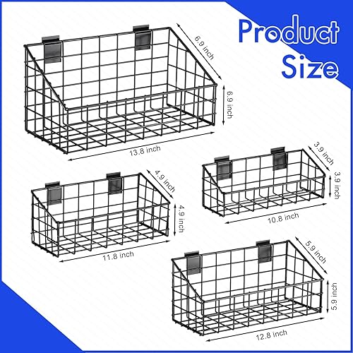 Vesici 4 Pack Slatwall Basket, Multi Size Metal Beveled Slatwall Panel Hanging Basket Mounted Slatwall Storage Basket for Shops, Rooms, Garage Storage Display Organizing on Slatwall Panels, Black - Poueer