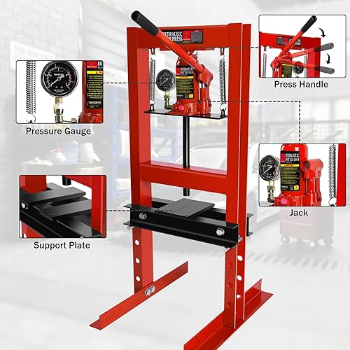 6 Ton Hydraulic Press, H-Frame Garage Floor Adjustable Shop Press with Built-in Relief Valve Pressure Gauge, Hydraulic Shop Press to Bend Straighten Press Parts Install Bearings U-Joints, Red - Poueer