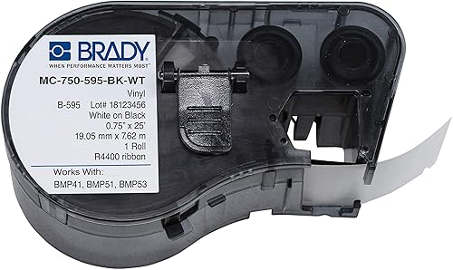 Brady - 143384 Official (MC-750-595-BK-WT) High Adhesion Vinyl Label Tape, White on Black - Designed for BMP41, BMP51 and BMP53 Label Printers - 25' Length, .75' Width - Poueer