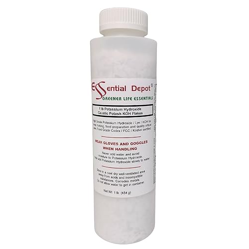 Potassium Hydroxide Flakes KOH, 4 lbs (4 x 1lb Container) Caustic Potash Anhydrous KOH Dry Electrolyte - HDPE Container with resealable Child Resistant Cap - Poueer