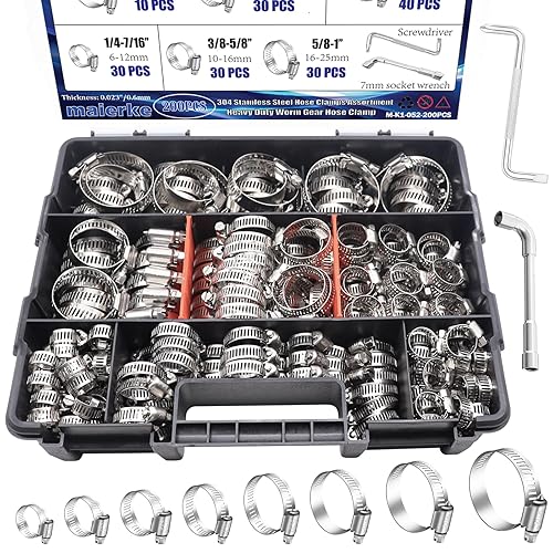 200PCS Hose Clamp Assortment 304 Stainless Steel Hose Clamp Kit,Adjustable 1/4'-2'(6-51mm) Worm Gear Hose Clamps Heavy Duty for Automotive,Radiator Pipe,Plumbing,Fuel Line - Poueer