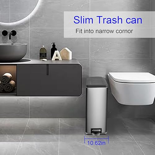 12 Gallon Trash Can, Stainless Steel Trash Can with Fingerprint-Resistant, Removal Inner Buck &Soft Close Plastic Lid, Step Garbage Can for Kitchen and Office, 45 Liter Capacity - Poueer