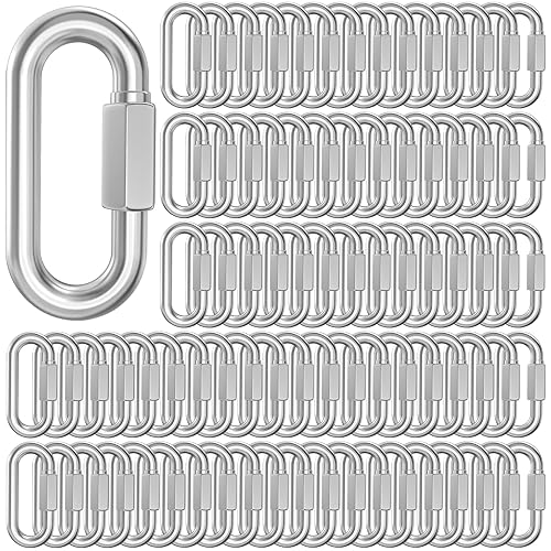 100-Pack 1/4 Inch Quick Links, 2.3 Inch Locking Carabiners, Heavy Duty Chain Connectors for Tires, Gym Equipment, Camping Ropes, Trailer Hitches, and DIY Projects – Galvanized D-Shaped Links - Poueer
