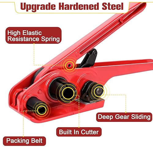 MYFAMIREA Heavy Duty Banding Strapping Kit with Tensioner Tool, 1/2' x 3500FT Polypropylene Plastic Packaging Strapping, 300 Metal Seals, Sealer Tool for Pallets, Logistics, Warehouse (Red) - Poueer