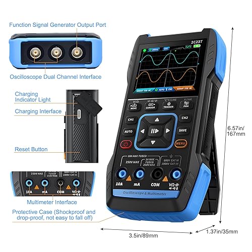 3 in 1 Handheld Oscilloscope Multimeter DDS Generator with 2 Channels, 10000 Counts, 10MHz Bandwidth, 50MSa/s Sampling Rate, AC/DC, Voltage, Current, Capacitance, Resistance, Diode, Continuity Test - Poueer