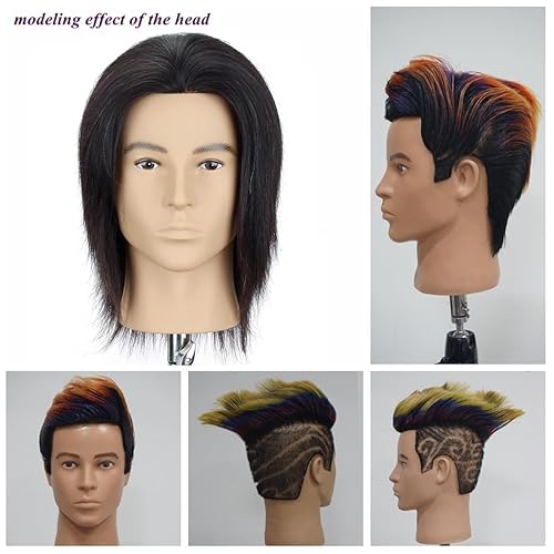 HAIRWAY Male Mannequin Head Human Hair 8 Inch Hairdresser Practice Mannequin Head with 100% Real Human Hair Cosmetology Styling Training Manikin Doll Head with Table Stand Clamp (Natural Black) - Poueer