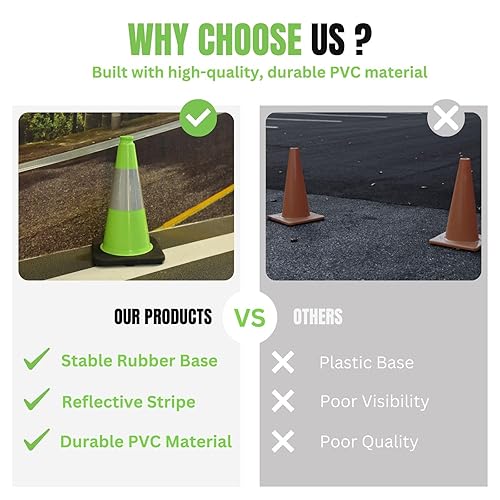 6 Pack 36'' Green PVC Traffic Cones Road Construction Cones with Black Base and Reflective Stripes Safety Cones for Parking Lots Driveways Construction Areas and Traffic Control - Poueer