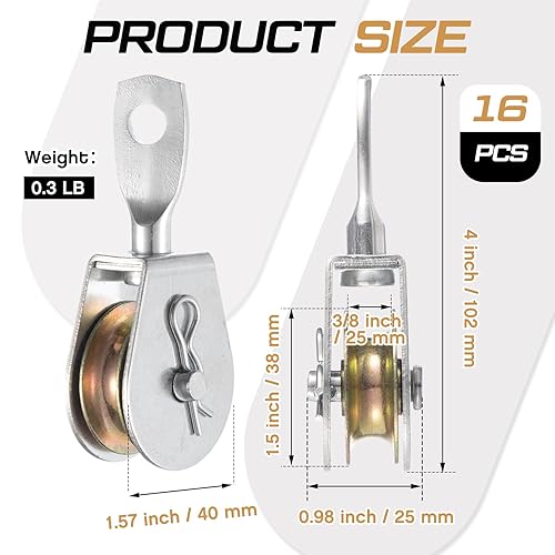 16 Pack Single Pulley Block Wheel 4' x 1.57' x 0.98' Heavy Duty Zinc Plated Iron 360 Degree Swivel Pulley Roller for 3/8 Inch Cable Wire Rope Lifting Rigging, Working Load 420 Lbs - Poueer