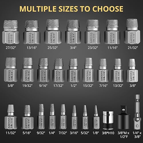 AMTOVL 27PCS Screw Extractor Set - with Adapter Hex Head Multi-Spline Easy Out Bolt Extractor Tool, 1/2' 3/8' Inch Drive Hex Head - Poueer