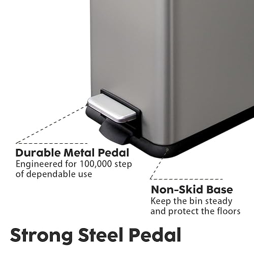 12 Gallon Trash Can, Stainless Steel Trash Can with Fingerprint-Resistant, Removal Inner Buck &Soft Close Plastic Lid, Step Garbage Can for Kitchen and Office, 45 Liter Capacity - Poueer