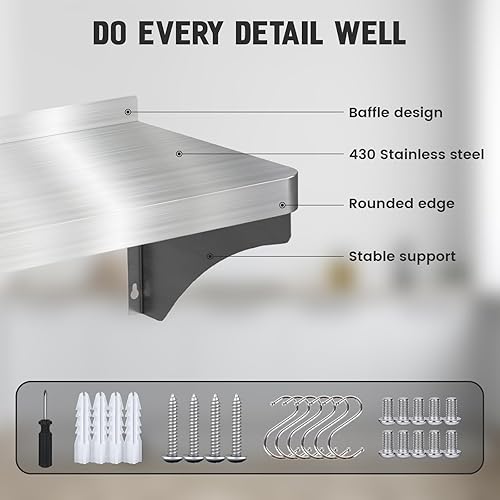 12'x24' Stainless Steel Shelf, Stainless Metal Steel Shelf Wall Mounted with 6 Hooks for Restaurant, Bar, Utility Room and Garage - Poueer