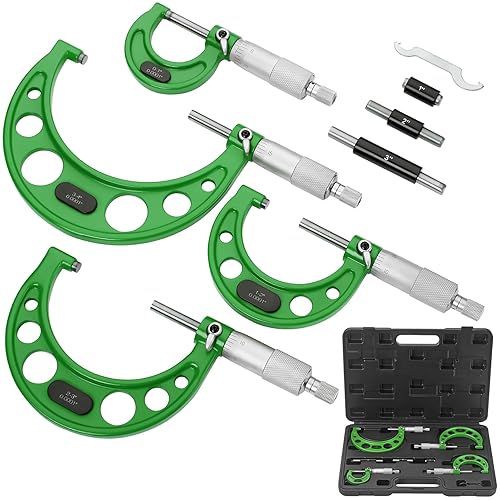 Premium Outside Micrometer Set 0-4' / 0.0001' (0-1'/1-2'/2-3'/3-4') Precision Machinist Tools w/Carbide Tips, Standards, Ratchet Stop, Green - Poueer