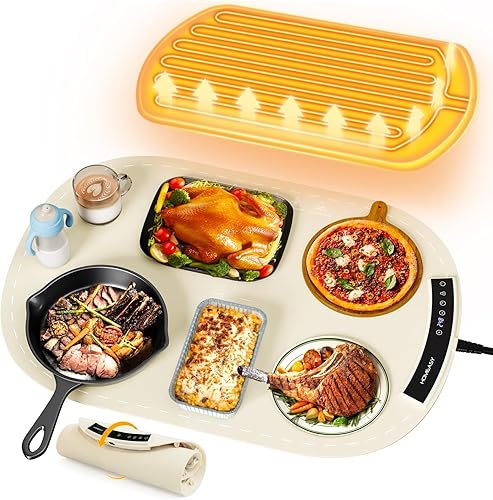 Food Warming Mat, Electric Warming Trays for Buffet & Party Rollable Food Warmers Silicone Heating Mat with 9 Temperature Setting 23.1'x15.9' (Brown) - Poueer