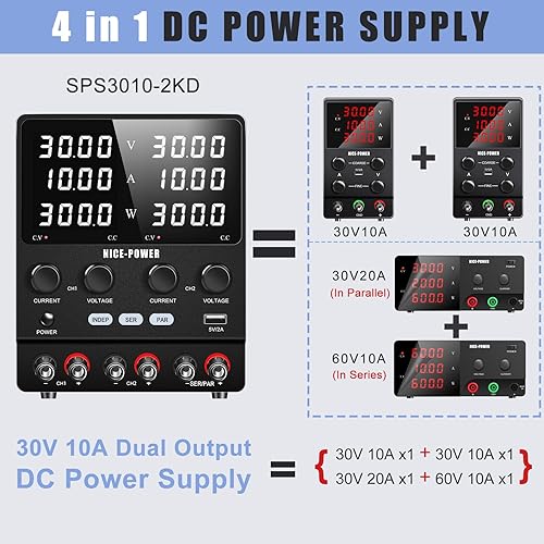 NICE-POWER Dual DC Power Supply Variable: 30V 10A Adjustable Switching Regulated Series (60V 10A) Parallel (30V 20A) High Precision 5V/2A USB Port Bench Lab Power Supplies - Poueer