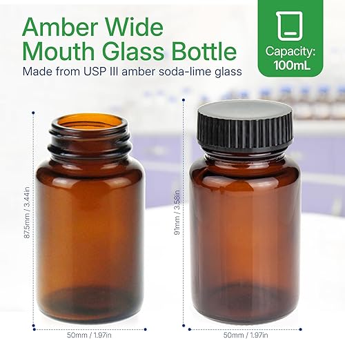 200 ml(6.7 OZ) Amber Glass Wide Mouth Packer Bottle with Black Ribbed Cap, Pack of 24 bottle - Poueer