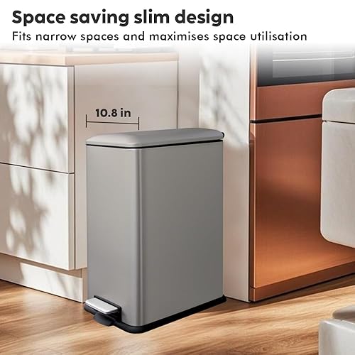 12 Gallon Trash Can, Stainless Steel Trash Can with Fingerprint-Resistant, Removal Inner Buck &Soft Close Plastic Lid, Step Garbage Can for Kitchen and Office, 45 Liter Capacity - Poueer