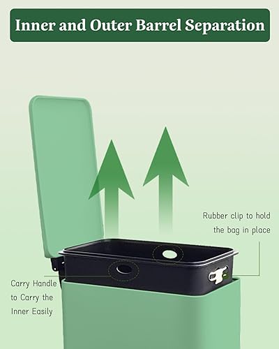 12 Gallon Trash Can, Stainless Steel Trash Can with Fingerprint-Resistant, Removal Inner Buck &Soft Close Plastic Lid, Step Garbage Can for Kitchen and Office, 45 Liter Capacity - Poueer