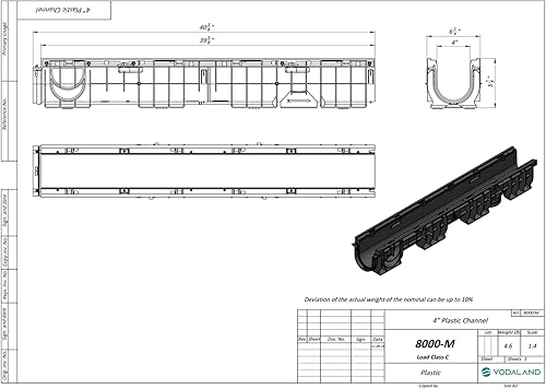 Vodaland - 4 inch Trench Drain Steel Grate Package - 6.2' Depth - PC8000 - Poueer