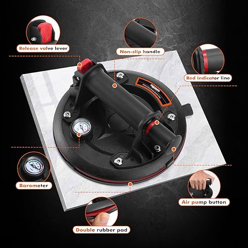 8' Heavy Duty Suction Cups with Pressure Gauge, Glass Suction Cups to Lift Large Glass, 2 Pack 880 lbs Load Capacity, Suction Cups with Carrying Case for Window,Tiles, Windshield - Poueer