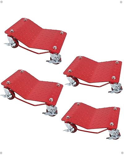 Car Dolly Set of 4, 6000LBS Capacity Wheel Dolly, Heavy Duty Car Tire Dolly Wheels Cart Moving Cars, Heavy Duty Vehicle Dolly with 360° Rotational Wheel, Red - Poueer